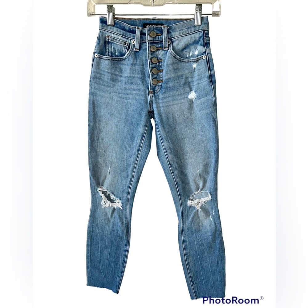 Lucky Brand Bridgette high rise cropped raw hem denim blue skinny jeans sz 0/24